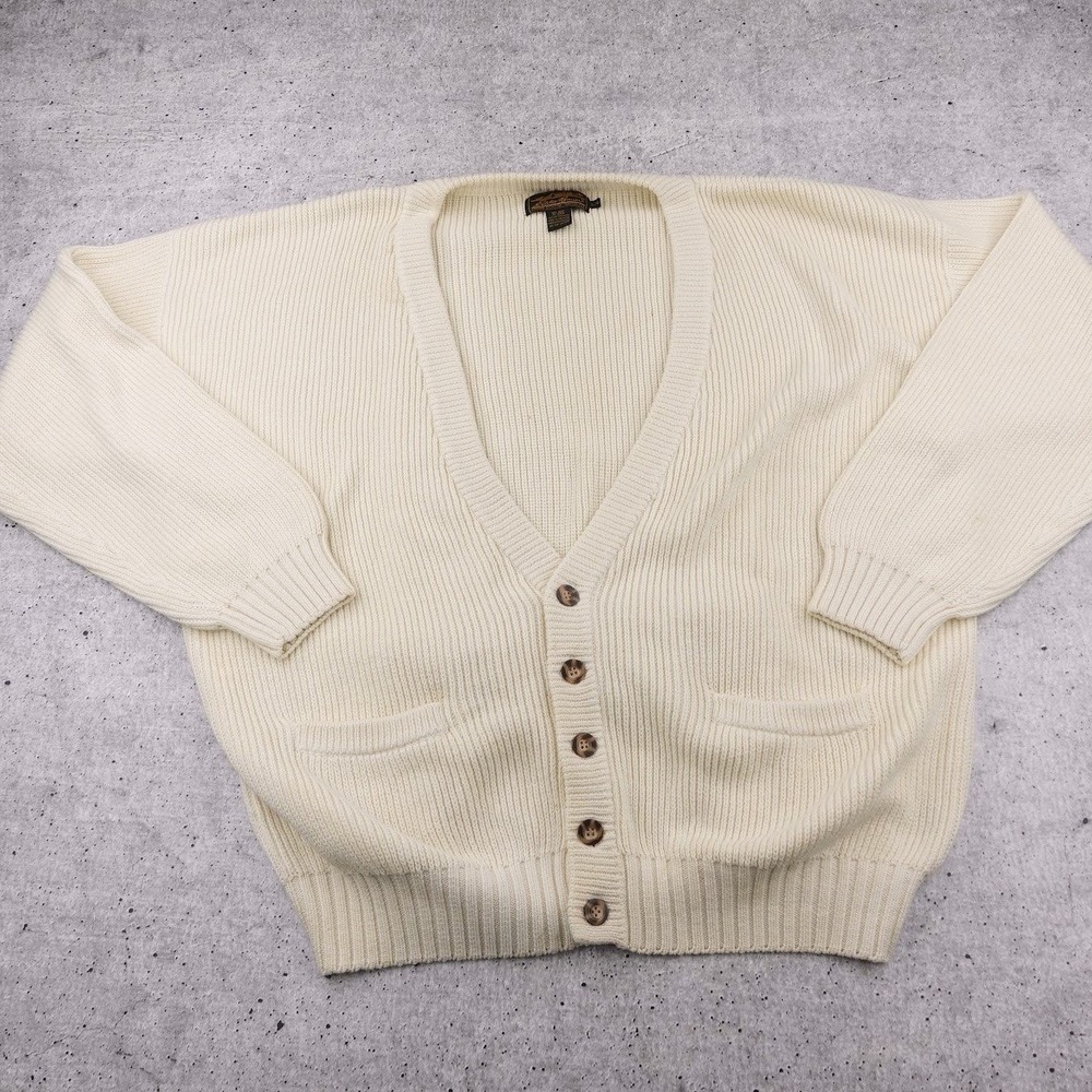 Vintage Eddie Bauer Off-White Chunky Knit V-Neck Cardigan Sweater Mens Large